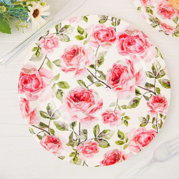 25 Round Paper Plates with Rose Flowers Design - Disposable Tableware