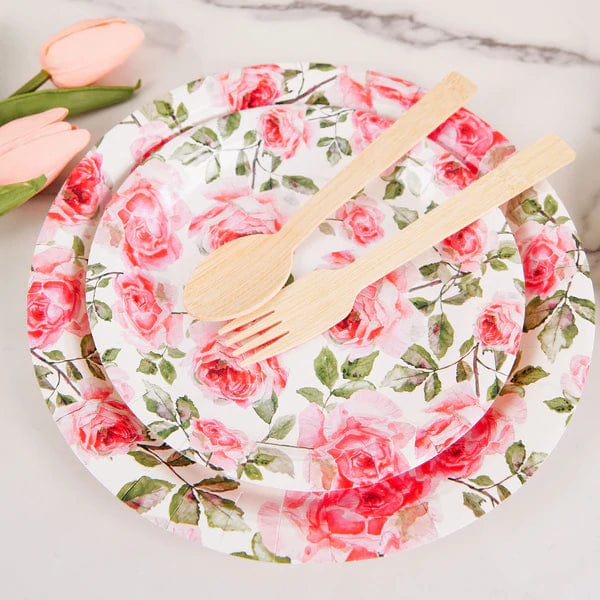 25 Round Paper Plates with Rose Flowers Design - Disposable Tableware