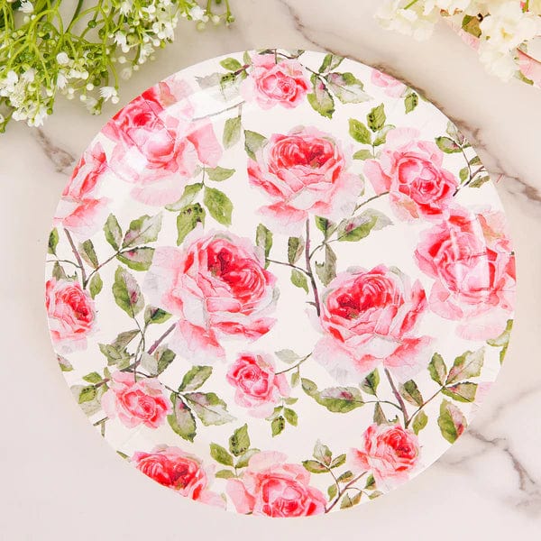 25 Round Paper Plates with Rose Flowers Design - Disposable Tableware