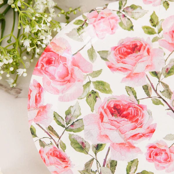 25 Round Paper Plates with Rose Flowers Design - Disposable Tableware