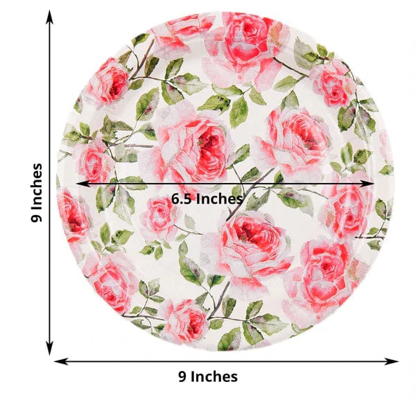 25 Round Paper Plates with Rose Flowers Design - Disposable Tableware
