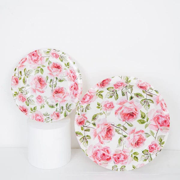 25 Round Paper Plates with Rose Flowers Design - Disposable Tableware