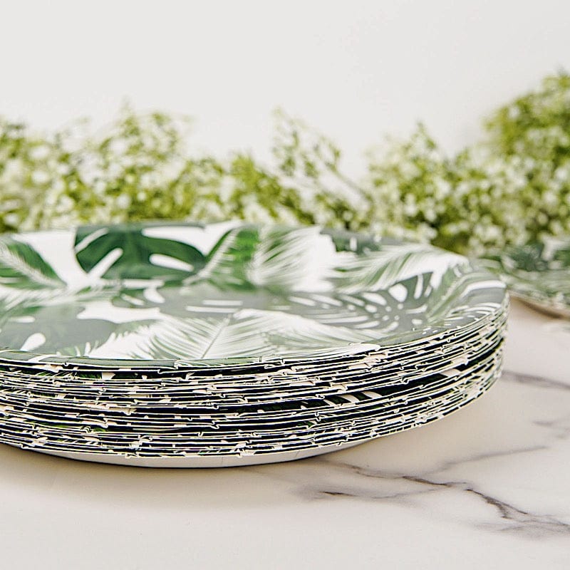 25 Round Paper Plates with Tropical Leaves Design - Disposable Tableware