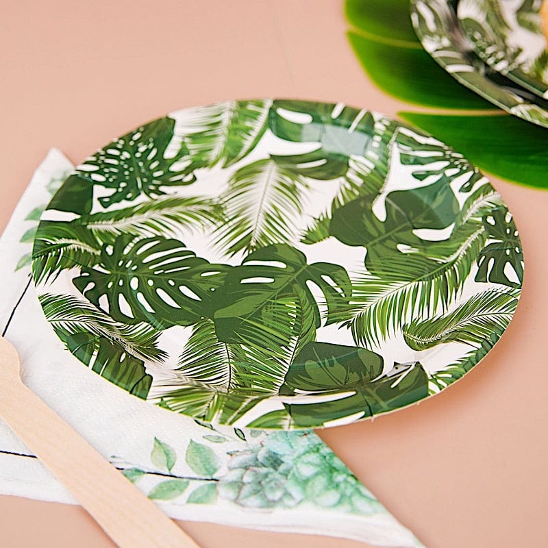 25 Round Paper Plates with Tropical Leaves Design - Disposable Tableware