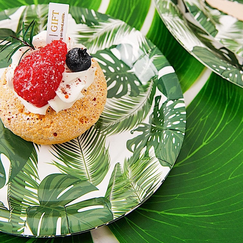 25 Round Paper Plates with Tropical Leaves Design - Disposable Tableware