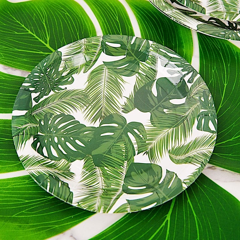 25 Round Paper Plates with Tropical Leaves Design - Disposable Tableware