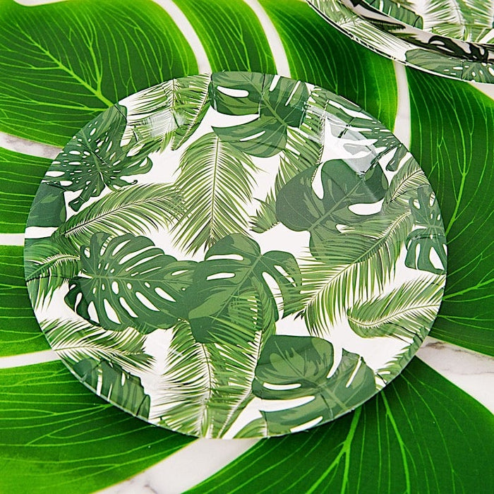 25 Round Paper Plates with Tropical Leaves Design - Disposable Tableware
