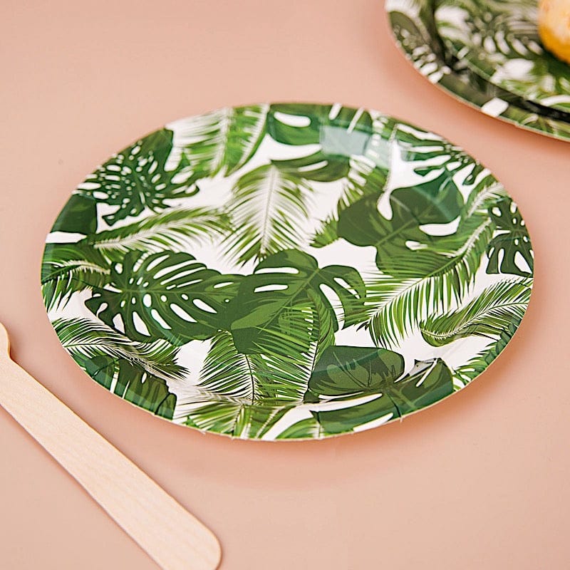 25 Round Paper Plates with Tropical Leaves Design - Disposable Tableware