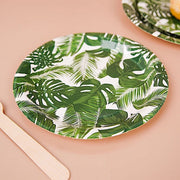 25 Round Paper Plates with Tropical Leaves Design - Disposable Tableware