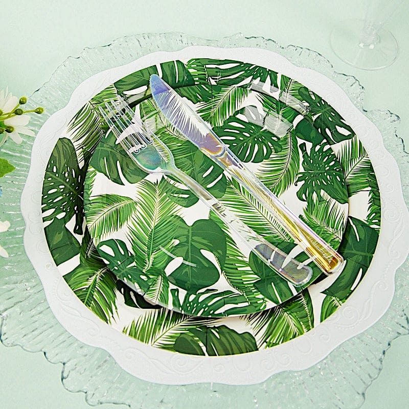 25 Round Paper Plates with Tropical Leaves Design - Disposable Tableware