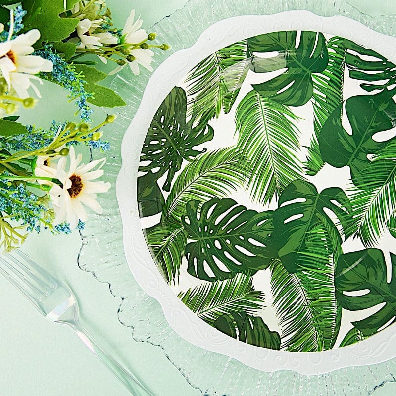 25 Round Paper Plates with Tropical Leaves Design - Disposable Tableware