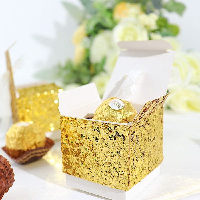 25 Sequin Glittered Favor Boxes with Ribbon Mini Gift Holders - Gold and White BOX_2X2_GLIT01_GOLD