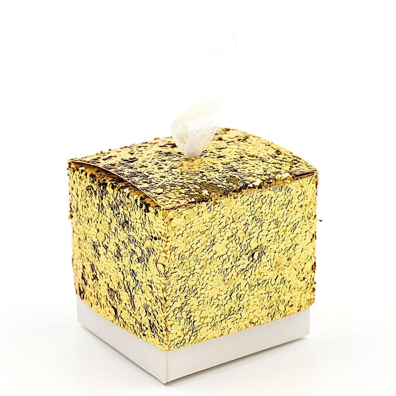 25 Sequin Glittered Favor Boxes with Ribbon Mini Gift Holders - Gold and White BOX_2X2_GLIT01_GOLD