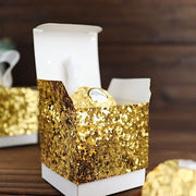 25 Sequin Glittered Favor Boxes with Ribbon Mini Gift Holders - Gold and White BOX_2X2_GLIT01_GOLD