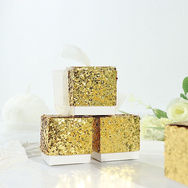 25 Sequin Glittered Favor Boxes with Ribbon Mini Gift Holders - Gold and White BOX_2X2_GLIT01_GOLD