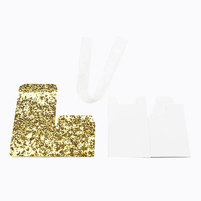 25 Sequin Glittered Favor Boxes with Ribbon Mini Gift Holders - Gold and White BOX_2X2_GLIT01_GOLD