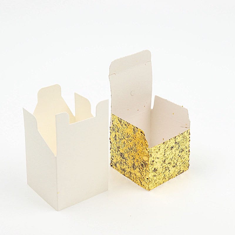 25 Sequin Glittered Favor Boxes with Ribbon Mini Gift Holders - Gold and White BOX_2X2_GLIT01_GOLD