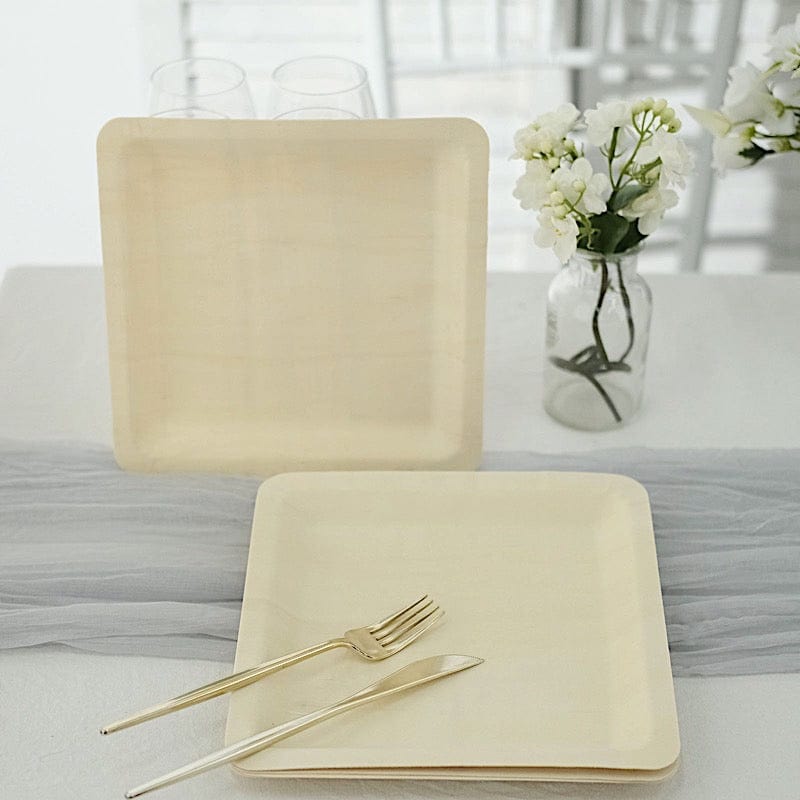 25 Square 9" Natural Poplar Wood Dinner Plates - Disposable Tableware BIRC_P007_9