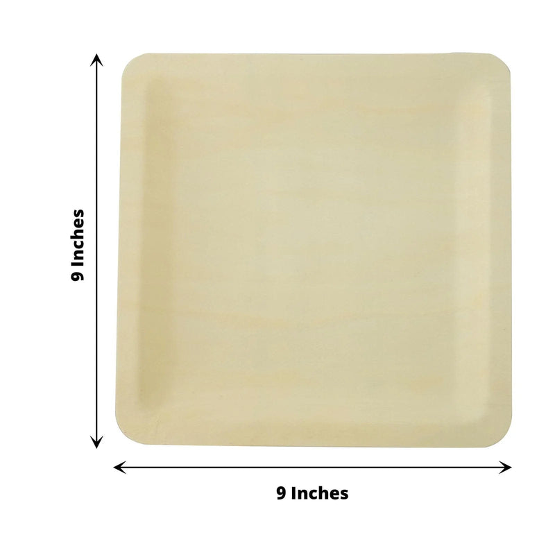 25 Square 9" Natural Poplar Wood Dinner Plates - Disposable Tableware BIRC_P007_9