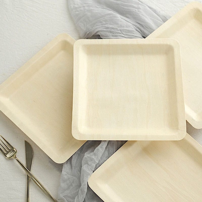 25 Square 9" Natural Poplar Wood Dinner Plates - Disposable Tableware BIRC_P007_9