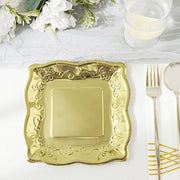 25 Square Metallic Vintage Salad Dinner Plates with Scroll Design- Disposable Tableware