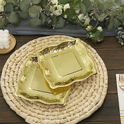 25 Square Metallic Vintage Salad Dinner Plates with Scroll Design- Disposable Tableware