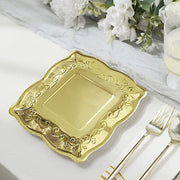 25 Square Metallic Vintage Salad Dinner Plates with Scroll Design- Disposable Tableware