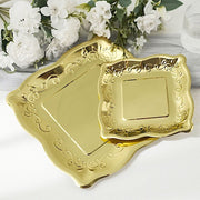 25 Square Metallic Vintage Salad Dinner Plates with Scroll Design- Disposable Tableware