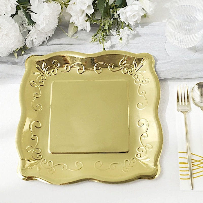25 Square Metallic Vintage Salad Dinner Plates with Scroll Design- Disposable Tableware