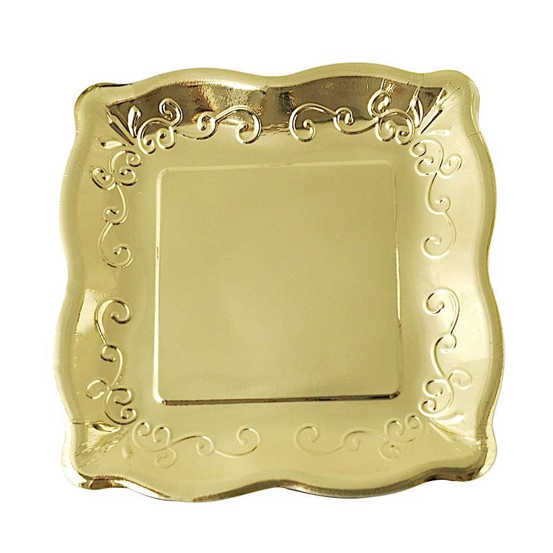 25 Square Metallic Vintage Salad Dinner Plates with Scroll Design- Disposable Tableware