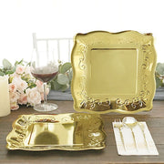 25 Square Metallic Vintage Salad Dinner Plates with Scroll Design- Disposable Tableware