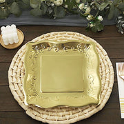 25 Square Metallic Vintage Salad Dinner Plates with Scroll Design- Disposable Tableware