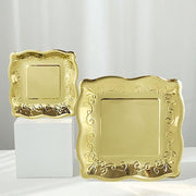 25 Square Metallic Vintage Salad Dinner Plates with Scroll Design- Disposable Tableware