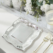 25 Square Metallic Vintage Salad Dinner Plates with Scroll Design- Disposable Tableware