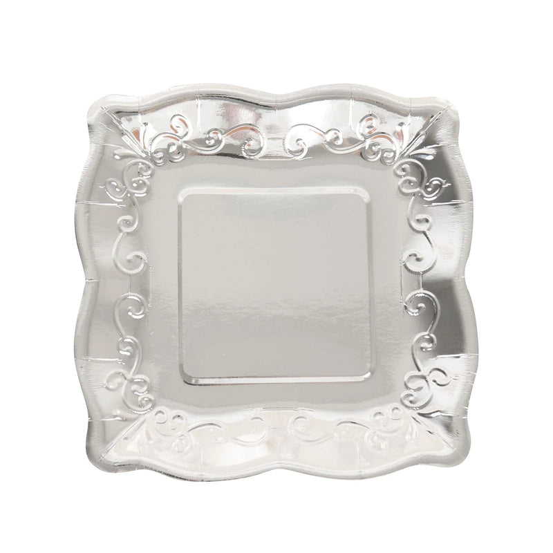 25 Square Metallic Vintage Salad Dinner Plates with Scroll Design- Disposable Tableware