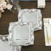 25 Square Metallic Vintage Salad Dinner Plates with Scroll Design- Disposable Tableware