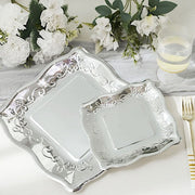25 Square Metallic Vintage Salad Dinner Plates with Scroll Design- Disposable Tableware