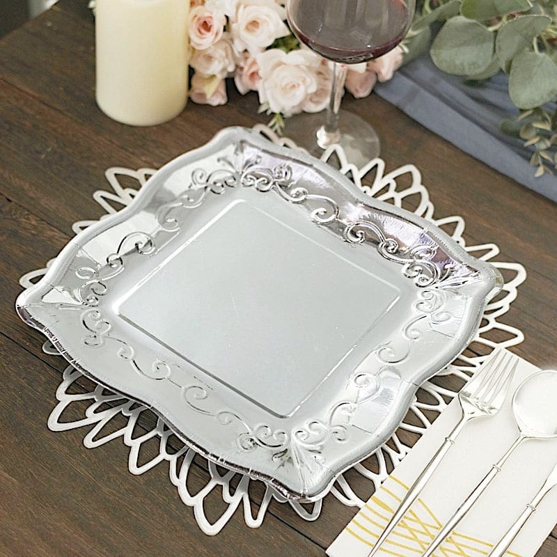 25 Square Metallic Vintage Salad Dinner Plates with Scroll Design- Disposable Tableware