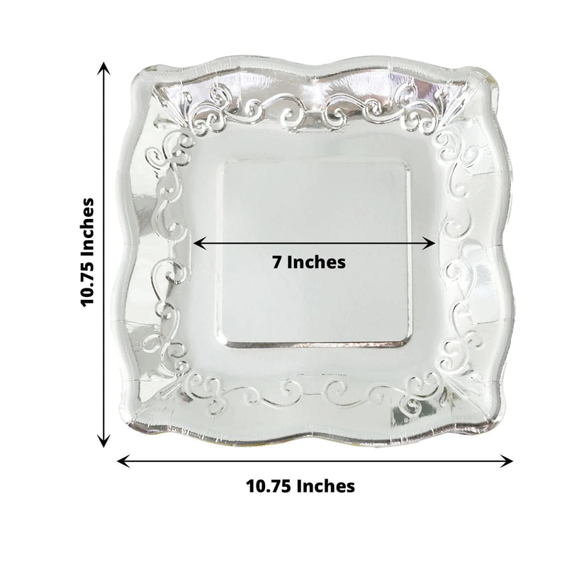 25 Square Metallic Vintage Salad Dinner Plates with Scroll Design- Disposable Tableware