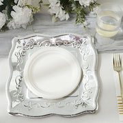 25 Square Metallic Vintage Salad Dinner Plates with Scroll Design- Disposable Tableware