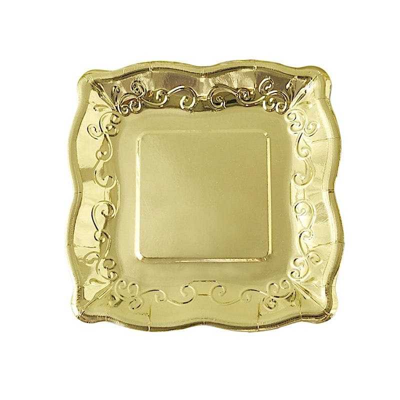 25 Square Metallic Vintage Salad Dinner Plates with Scroll Design- Disposable Tableware DSP_PPS0001_7_GOLD