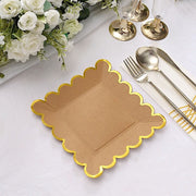 25 Square Natural Paper Salad Dinner Plates with Gold Scalloped Rim - Disposable Tableware