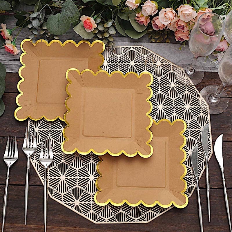 25 Square Natural Paper Salad Dinner Plates with Gold Scalloped Rim - Disposable Tableware