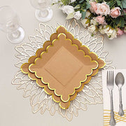 25 Square Natural Paper Salad Dinner Plates with Gold Scalloped Rim - Disposable Tableware
