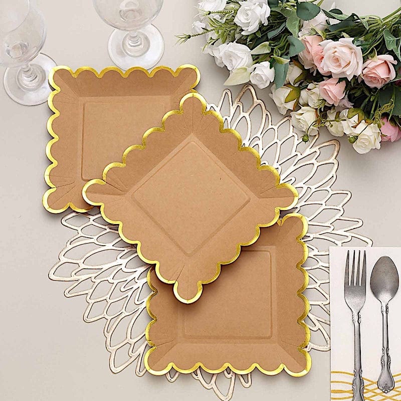 25 Square Natural Paper Salad Dinner Plates with Gold Scalloped Rim - Disposable Tableware