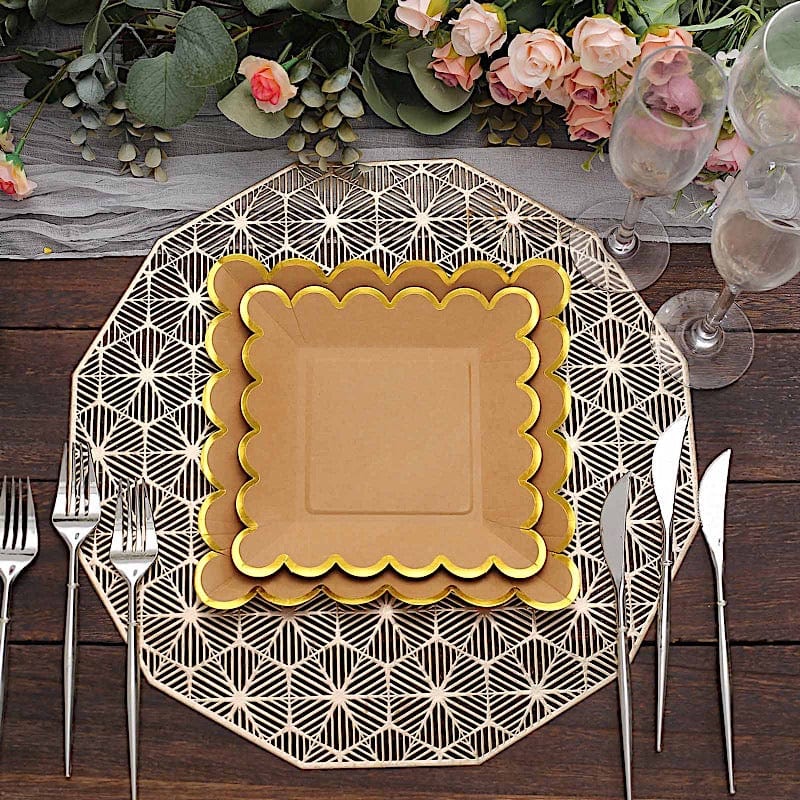 25 Square Natural Paper Salad Dinner Plates with Gold Scalloped Rim - Disposable Tableware