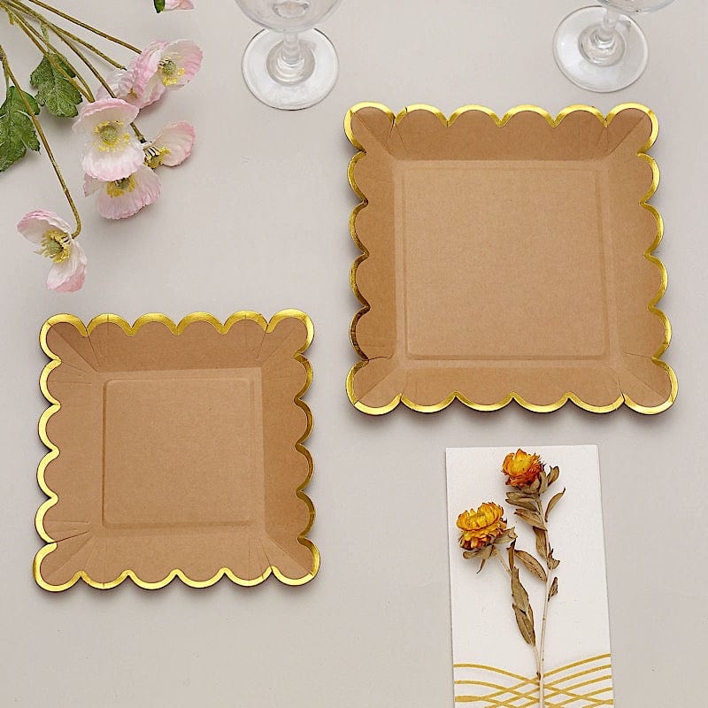 25 Square Natural Paper Salad Dinner Plates with Gold Scalloped Rim - Disposable Tableware