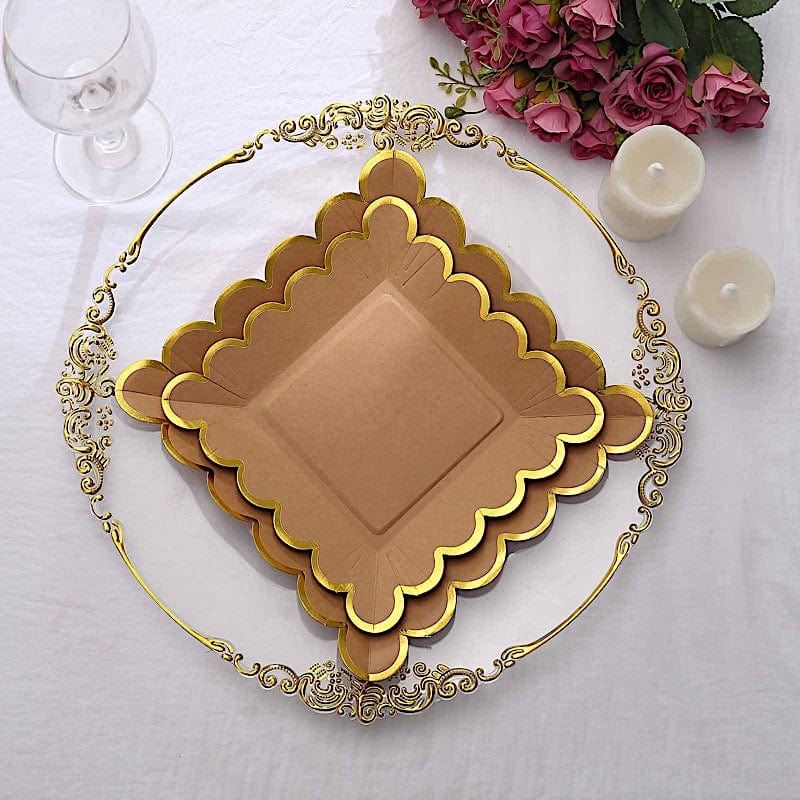 25 Square Natural Paper Salad Dinner Plates with Gold Scalloped Rim - Disposable Tableware
