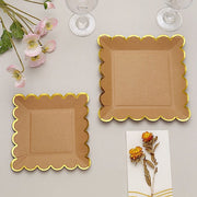 25 Square Natural Paper Salad Dinner Plates with Gold Scalloped Rim - Disposable Tableware