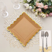 25 Square Natural Paper Salad Dinner Plates with Gold Scalloped Rim - Disposable Tableware